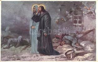 2 db katonai motívum képeslap, sérült huszár és Jézus az elesett katonák között, vegyes minőség, szi...