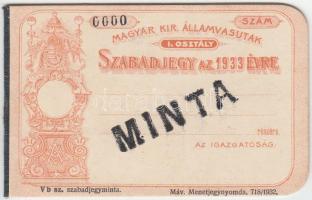 1933 A Magyar Királyi Államvasutak I. osztályára érvényes szabadjegy mintapéldánya