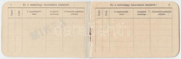 1933 A Magyar Királyi Államvasutak I. osztályára érvényes szabadjegy mintapéldánya