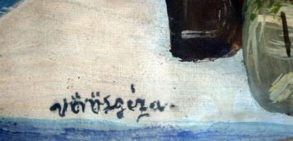 Vörös jelzéssel: Virágcsendélet. Tempera, papír, üvegezett keretben, 29×42 cm