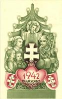 1942 Karácsonya Harcoló honvédeinké és hozzátartozóiké, körbevágható képeslap a hátoldalon leírással, Levente jelvények + 1 db színes fénymásolat a lap hátoldaláról / WWII Hungarian Christmas greeting card, with Youth paramilitaric organization symbols, description on the backside + 1 color copy from the backside of the postcard (non PC)