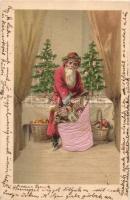 Christmas, Santa Claus with his bag, silk card, litho, Emb.