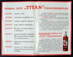 cca 1940 "Titán" habbal oltó tűzoltókészülék reklám nyomtatványa, kis szakadásokkal, 21x13...