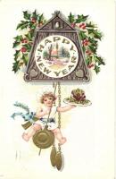 New Year, clock with angel, meal, golden decoration Emb. litho
