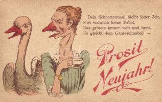 New Year, Woman with goose, mocking humour