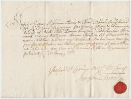 1768 Tarródy József Heves és Külső Szolnok vármegye alispánjának bizonyságlevele vármegyei ügyben, az alispán aláírásával, rányomott viaszpecsétjével