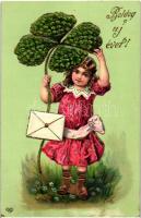 New Year, girl with clover, E.A.S. Emb. litho