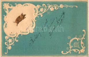 Pig greeting card, embroidery style Emb. (EK)