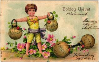 New Year, child with money bag weights, Emb. litho (EK)