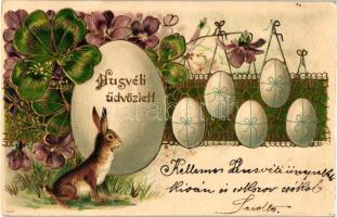 Easter, rabbit with eggs, clover, floral, golden decoration Emb. litho (EK)