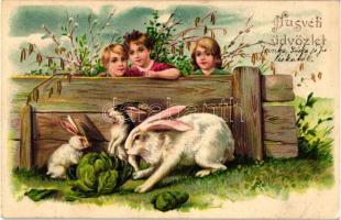 Easter, rabbits with cabbage, children, Emb. litho