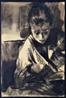 Bér Rudolf (1924-2004): Olvasó lány. Lavírozott tus papír, jelzett, 30×21 cm