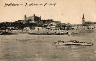 Pozsony, Pressburg, Bratislava; vár, gőzhajó, uszály / castle, steamship, barge (vágott / cut)