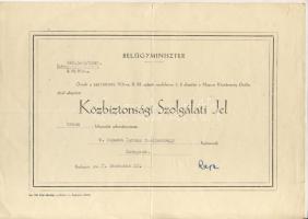 Szolgálati jel adoményozó levél Rajk László belügyminiszter aláírásával