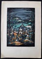 Török Endre (1926-1980): Selmecbánya. Színezett linó, papír, jelzett, 35×25 cm