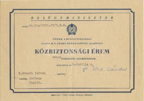 Közbiztonsági érem adományozó levéldr. Zöld Sándor belügyminiszter aláírásával