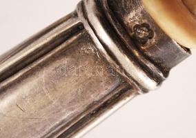 Antik salátás kanál és villa, csont, ezüst (Ag.) nyéllel, jelzettek, h: 25,5 cm