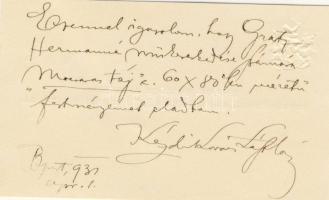 KÉzdi Kovács László festőművész Mocsaras táj c. képének eladási igazolása névjegykártyán