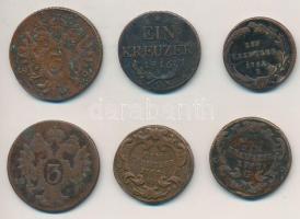 1762-1816. 6db-os Cu krajcár tétel, főleg magyar verdejelűek, közte 1763G 1kr, 1782b 1kr, 1816O 1kr T:2-,3