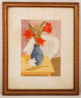 Jánosi Sándor (1927-):Virág. Színezett litográfia, papír, jelzett, üvegezett keretben, foltos, 32×22 cm