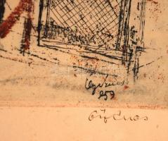 Ősz Dénes (1915-1980): Tél. Színezett litográfia, papír, üvegezett keretben, 29×37 cm