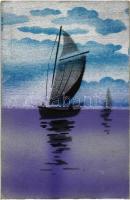 Hand-made art postcard, sailing boat (vágott / cut)