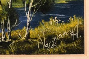 Najgyonov Alexandr (1971-): Vízparti nyírfák. Olaj, farost, jelzett, keretben, 13×9 cm