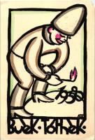 1938 BUÉK Tóthék, linómetszet / New Year art postcard, linocut, artist signed (EM)