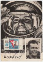 Pavel Popovics (1930-2009) orosz űrhajós aláírása őt magát ábrázoló, felülbélyegzett fotón /  Signature of Pavel Popovich (1930-2009) Russian astronaut on his own photograph with stamp on it