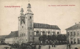 Székelyudvarhely, Odorheiu Secuiesc; Szent Ferenc rendi szerzetesek temploma, piac / church, market, shops (fa)