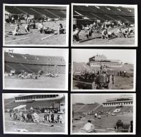 cca 1950 Az épülő Népstadion gyepének építési munkálatai. A végül 1953. augusztus 20-án átadott létesítmény füvesítését már az építkezés elején elkezdték, s közel három évig a legkorszerűbb szovjet tapasztalatok alapján végezték. 10 db fotó, 14x9 cm.