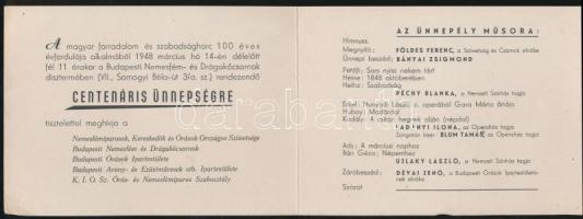 1948 Meghívó a magyar forradalom és szabadságharc 100 éves évfordulója alkalmából rendezett Centenáris Ünnepségre. 15x10 cm.