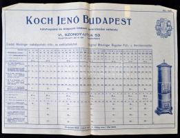 1929 Koch Jenő Budapesti kályha és központi fűtések berendezési vállalatának nagyméretű árjegyzéke, 31x48 cm