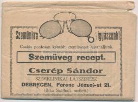 cca 1935 Cserép Sándor debreceni látszerész receptborítékja, benne kitöltött receptekkel.