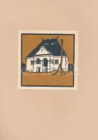 Kós Károly (1883-1977): Erdélyi kúria, színezett linómetszet, papír, jelzés nélkül, 11,5×11,5 cm