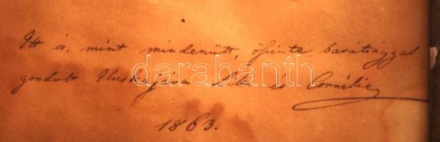 1863 Prielle Kornélia(1826-1906) magyar színésznő aláírása és üdvözlő sorai egy bekeretezett, száraz...