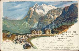 Kleine Scheidegg, Wetterhorn, Schweizer Künstler Postkarten Serie Berner-Oberland No. 2052. litho s: C. Steinmann (Rb)