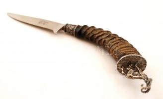 Díszes kecskeszarv markolatú vadászkés, Solingen pengével, jelzett (Hirschkrone), bőr hüvelyben, fém...