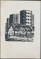 Andruskó Károly (1915-2008): Épülnek a panelházak. Linó, papír, jelzett a linón, 8×7 cm
