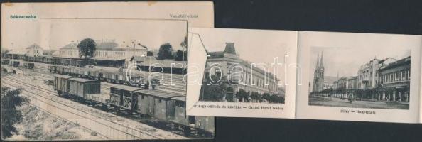 Békéscsaba, vasútállomás, leporellocard az Osztrák-Magyar Bankkal, zsinagógával, kórházzal és víztor...