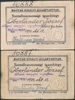 1933 Magyar Királyi Államvasutak fényképes személyazonossági igazolójegy, 2 db