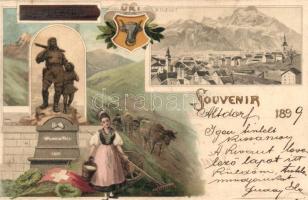 1899 Altdorf, Statue of Wilhelm Tell, coat of arms of Uri, Suchard chocolate advertisement, litho (r)