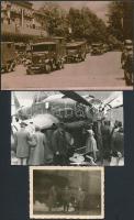 1941-19423 db katonai fotó: lezuhant szovjet repülőgép, katonák a hazafelé úton, katonai felvonulás(1 db utólagos másolat), 6x8,5 és 10x15 cm között