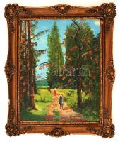 Pólya jelzéssel: Erdei ösvényen. Olaj, farost, sérült, keretben 29×36 cm