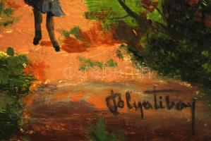 Pólya jelzéssel: Erdei ösvényen. Olaj, farost, sérült, keretben 29×36 cm