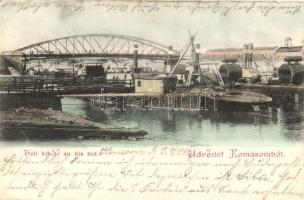 Komárom, Komárno; téli kikötő hajókkal, híd / winter harbor with ships, bridge (EB)