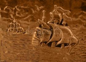 Hajós "kincses" fa láda, réz borítással, 29×27×43 cm