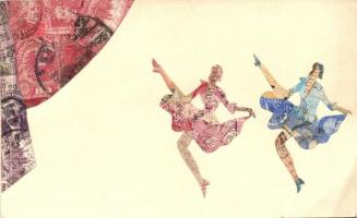 Montázs szétvágott bélyegekből, táncosnők; Bélyeg-Muki levelezőlapok / Montage from cutted stamps, dancers (EB)