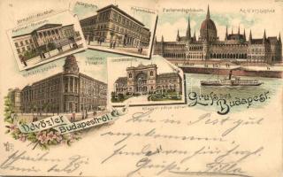 Budapest, Nemzeti Múzeum és Színház, Műegyetem, Központi pályaudvar, Országház, floral litho