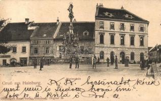 Hainburg an der Donau; Mariensaule, Caffeehaus, Gebach verkauf / statue of Virgin Mary, coffe shop, bakery (EK)